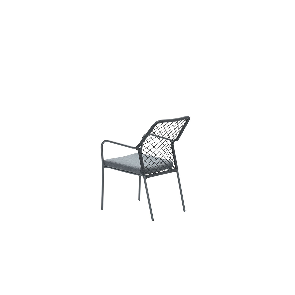 A black metal chair with a gray cushion and a net backrest. Simple design on a white background.