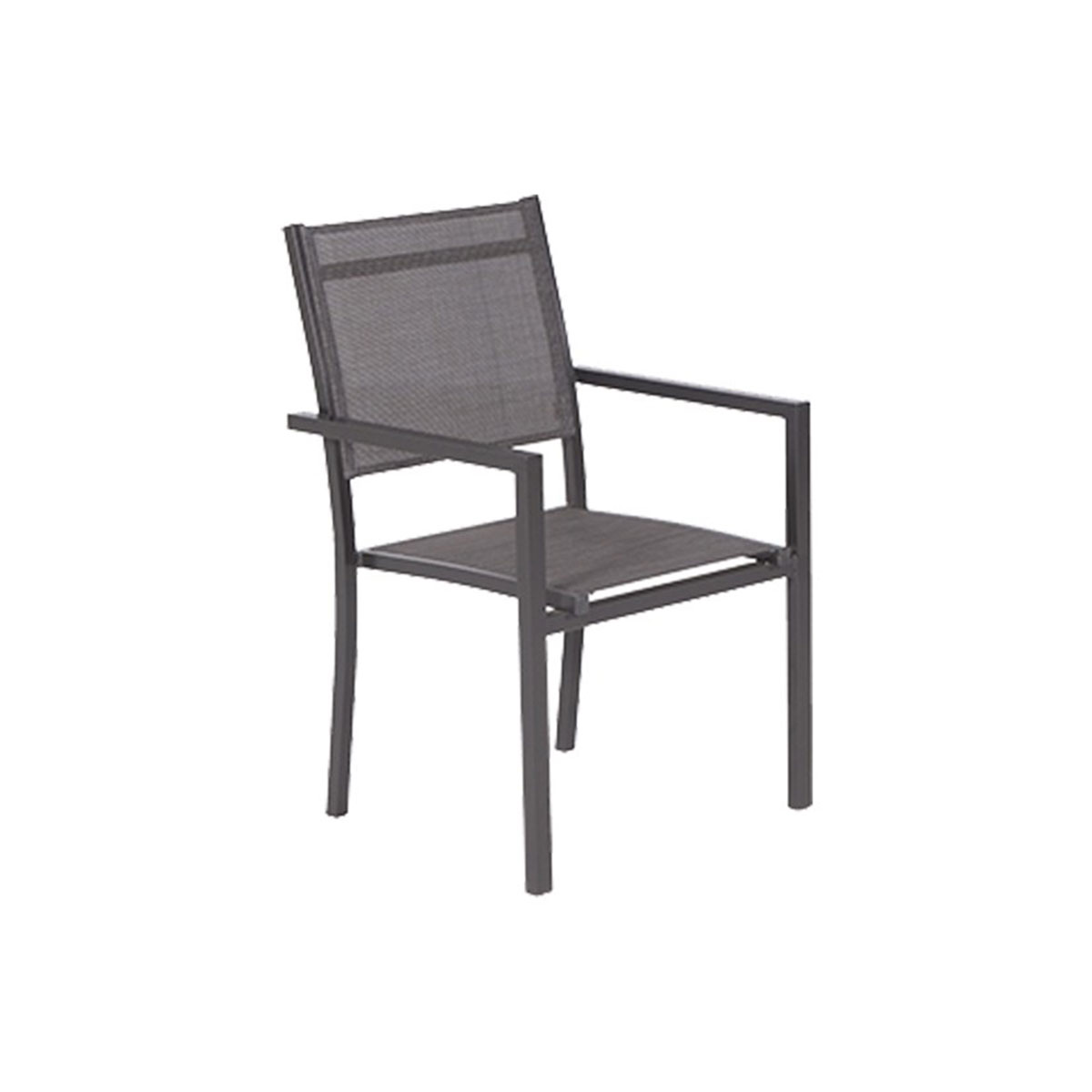 Gray metal chair with a mesh back. Simple design, white background.