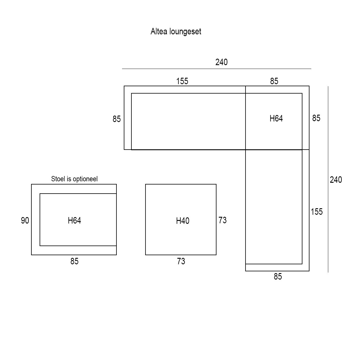 Diagram van loungemeubels. Afmetingen zijn aangegeven. Inclusief een bank en twee tafels.