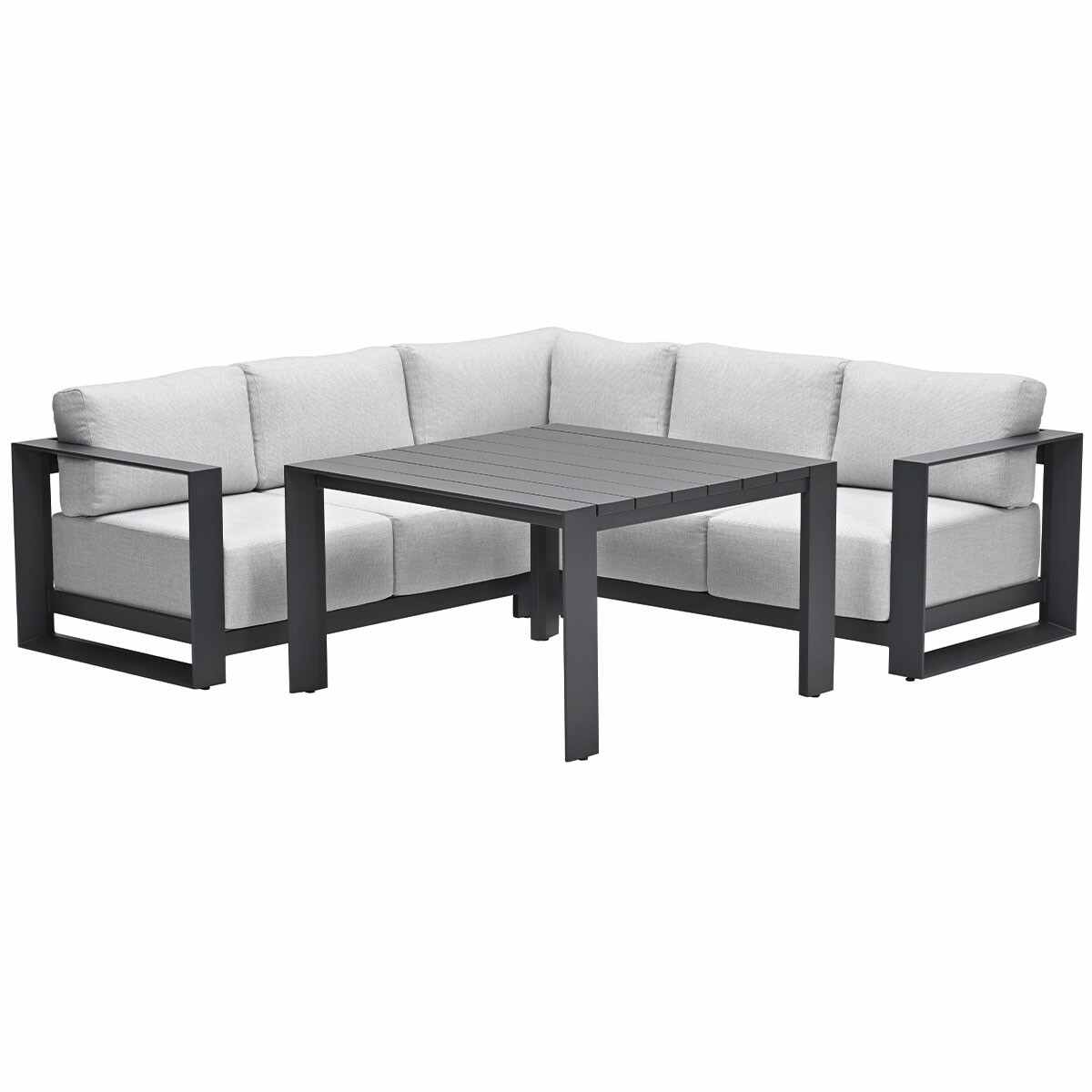 Buitenmeubelset: hoekbank en tafel. Beide zijn donkergrijs en modern.