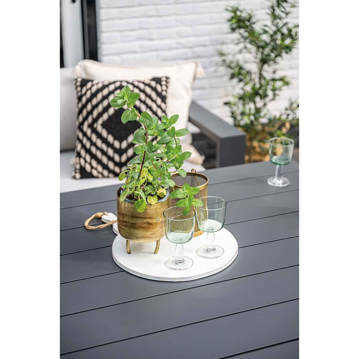 Tafelsetting met planten en glazen op een terras. Bank op de achtergrond.