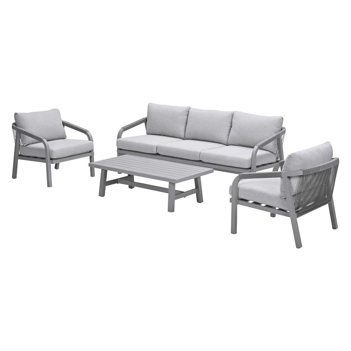 A gray outdoor furniture set: a sofa, two armchairs, and a coffee table, all on a white backdrop.