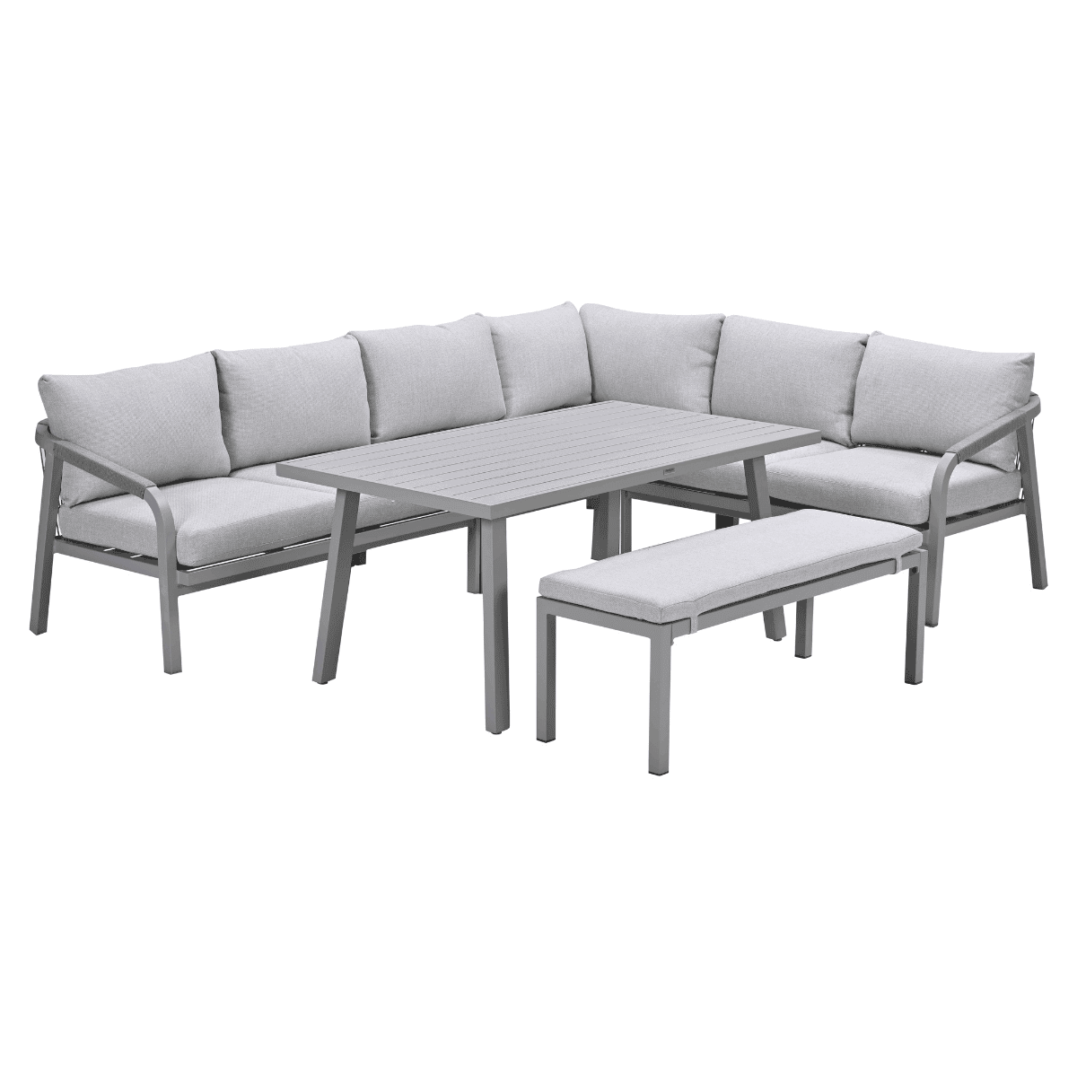 Gray outdoor furniture set: corner sofa, table, and bench. White background.