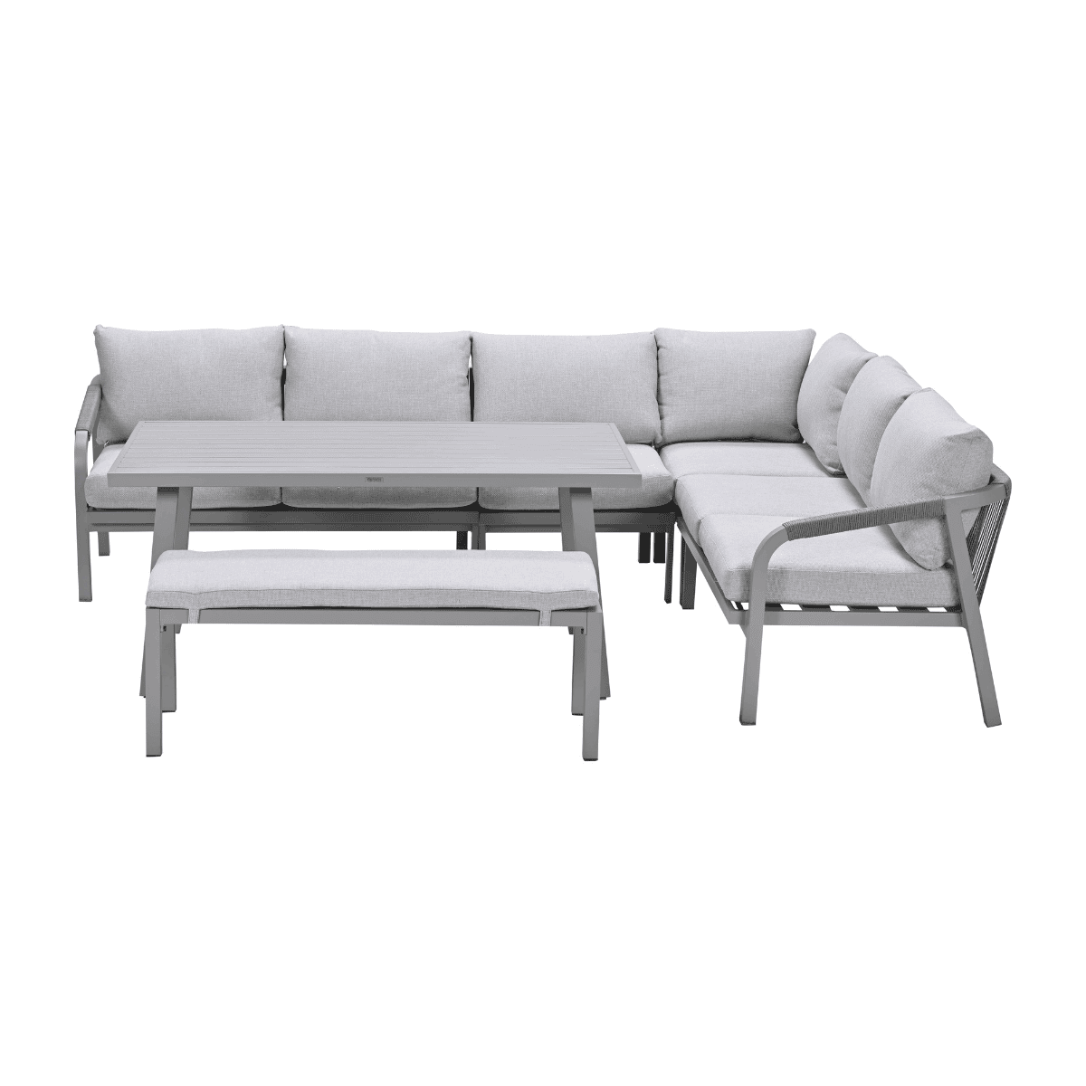 Gray outdoor sectional sofa set with a rectangular table and a bench, all on a white background.