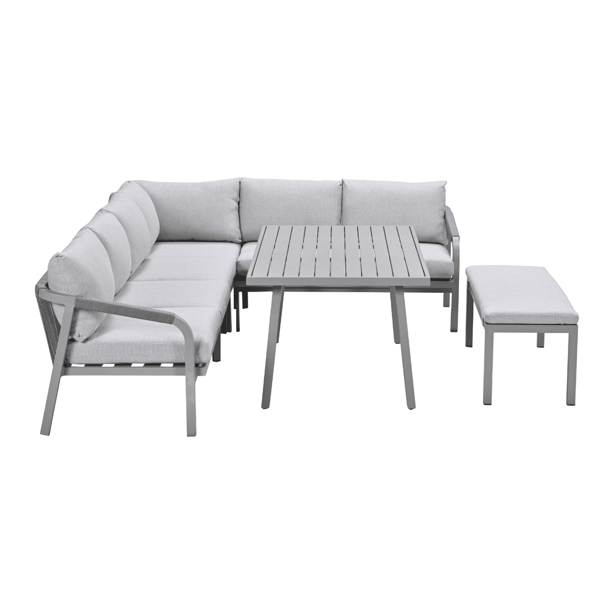 Gray outdoor sectional sofa set with a table and a small bench on a white background.