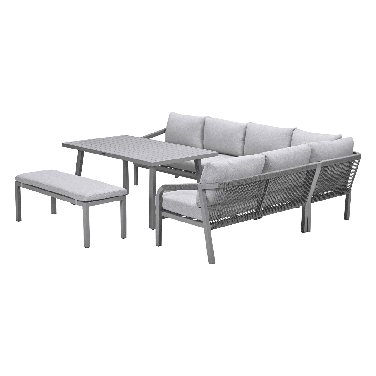 Gray outdoor sectional sofa set with a table and a bench on a white background.