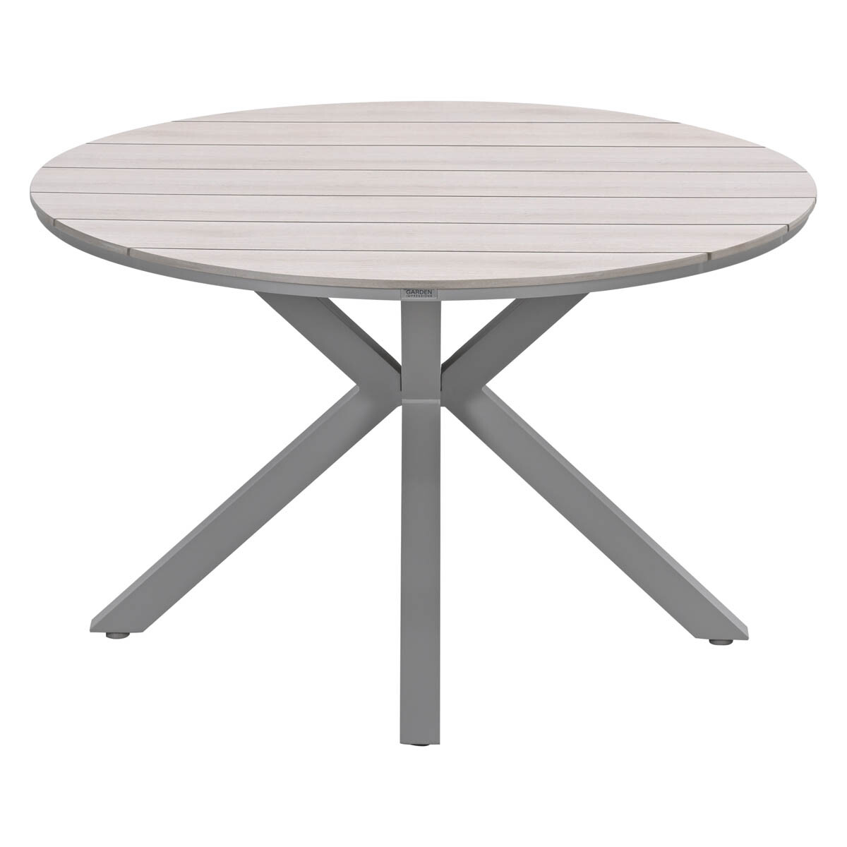 Round outdoor table with a light wood top and a gray metal base. White background.