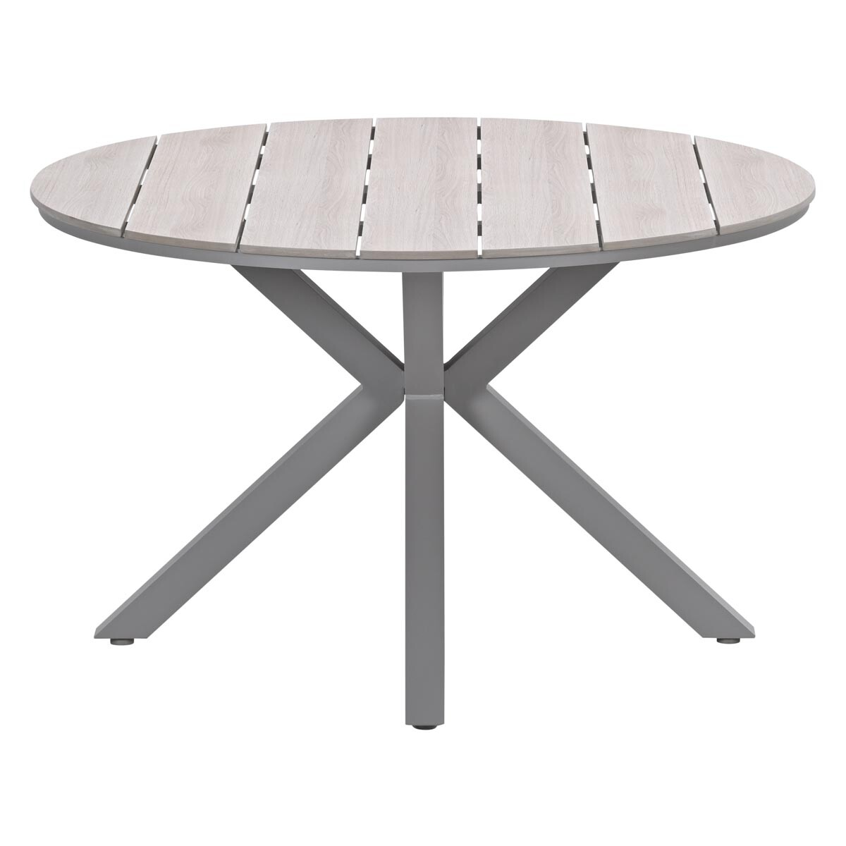 Round outdoor table with light wooden top and gray legs, isolated on white background.