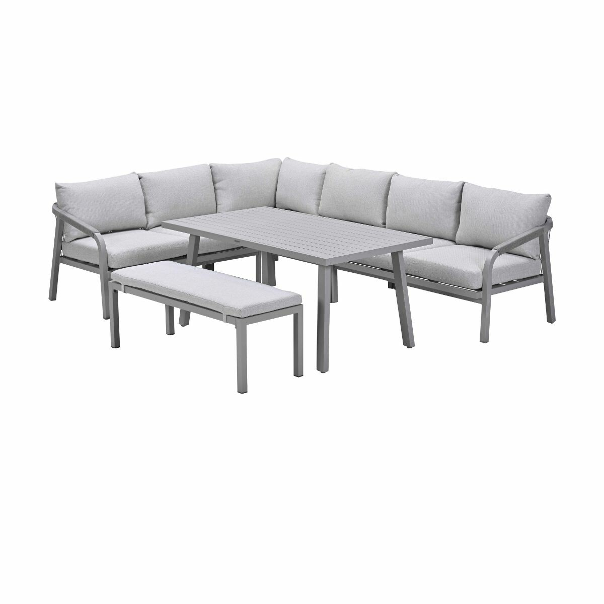 A gray outdoor sectional sofa set with a table and bench on a white background.