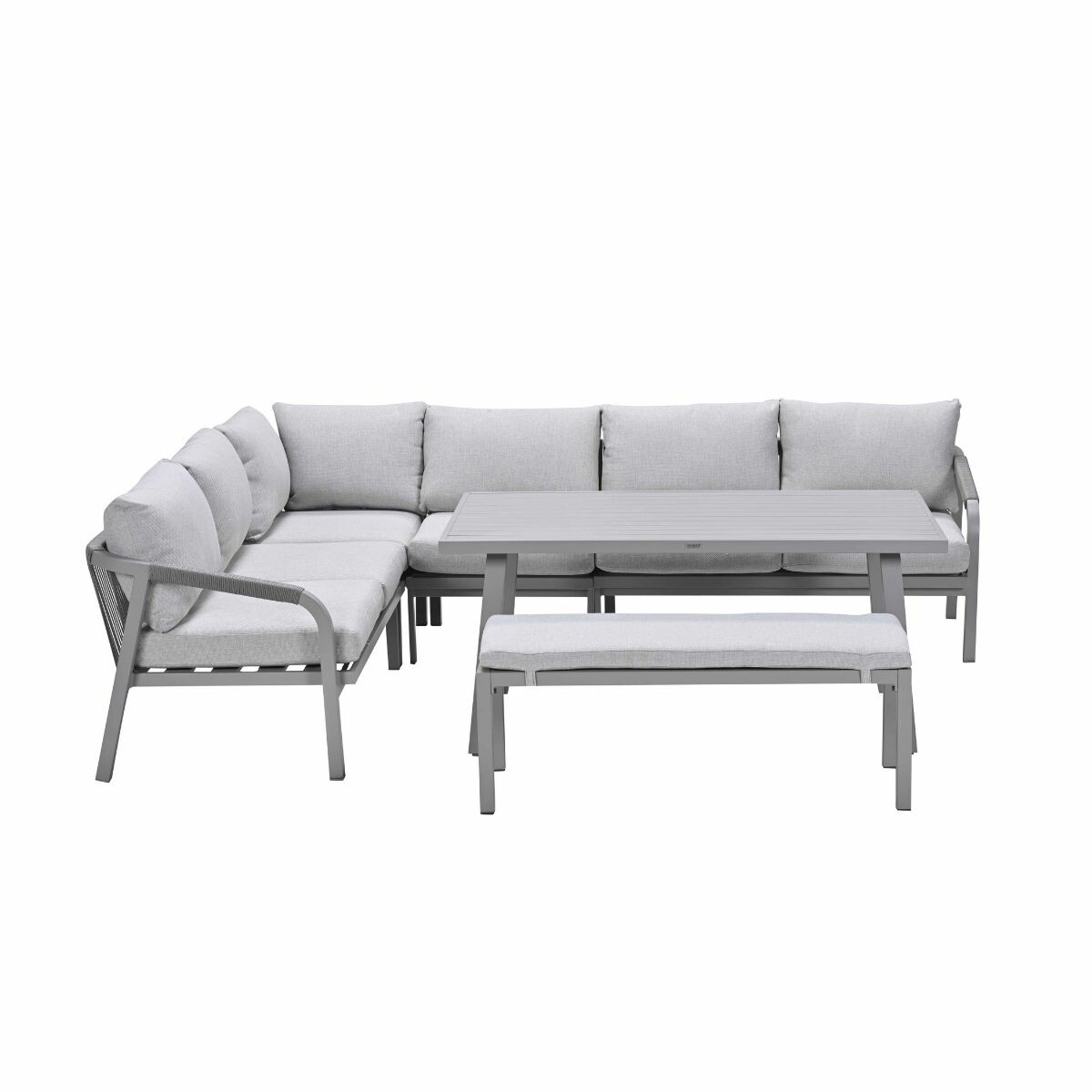 Gray outdoor furniture set: corner sofa, table, and bench. White background.