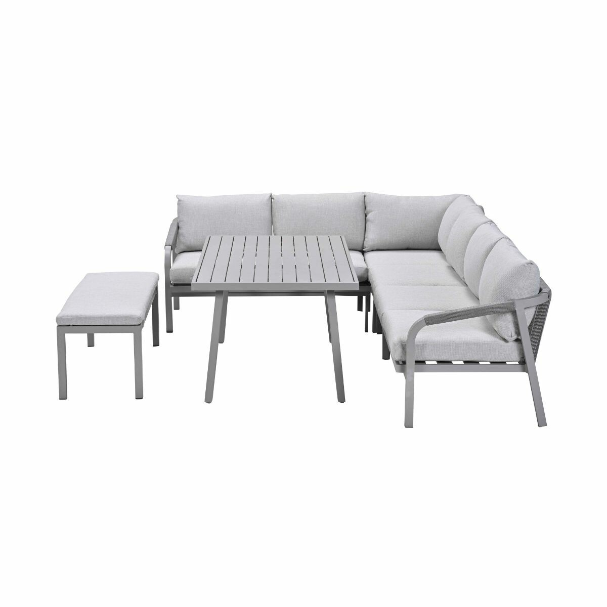 A gray outdoor sectional sofa set with a table and a bench, all on a white background.