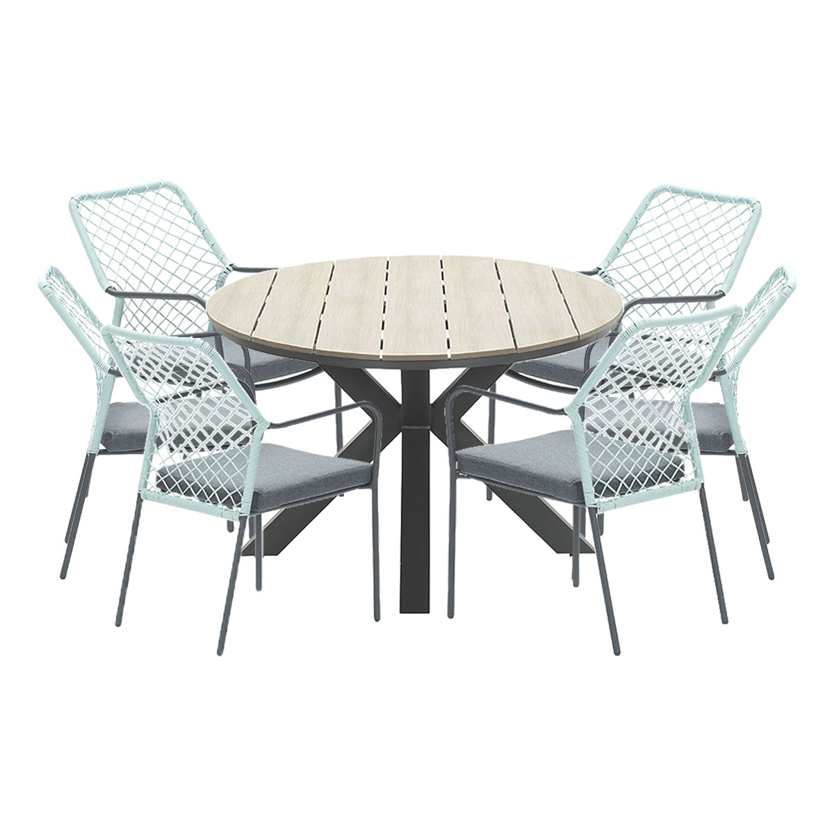 Round table with six chairs. Light blue chair frames and gray cushions.