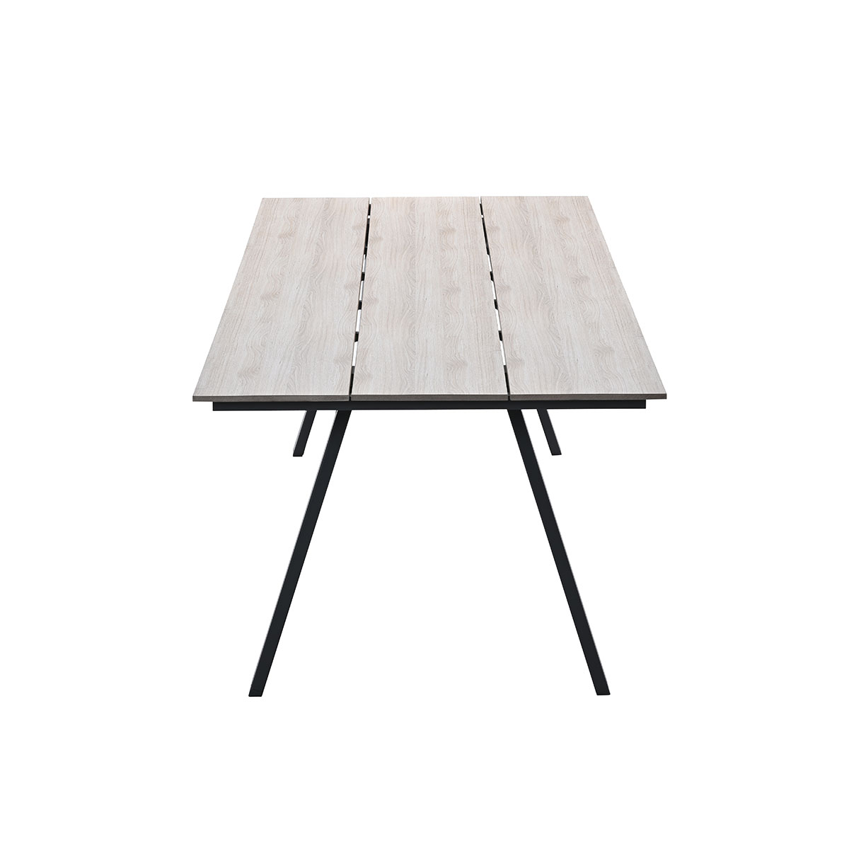 A rectangular outdoor table with light wood top and black legs.