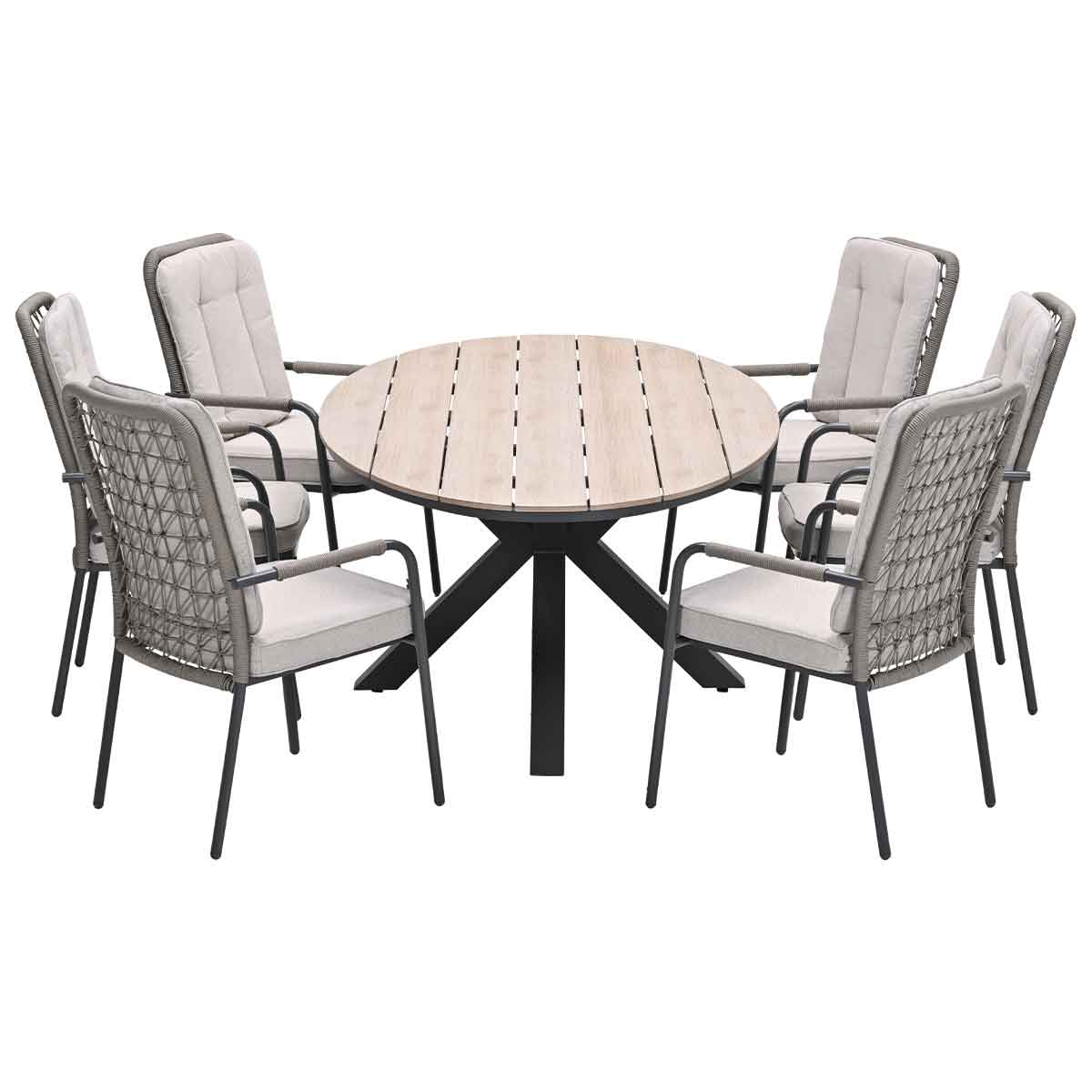 Outdoor dining set with oval table and chairs, light wood and black.