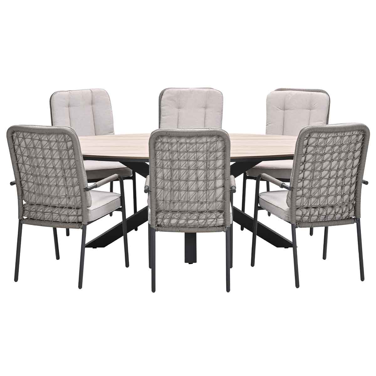 Outdoor dining set with oval table and chairs, light wood and black.