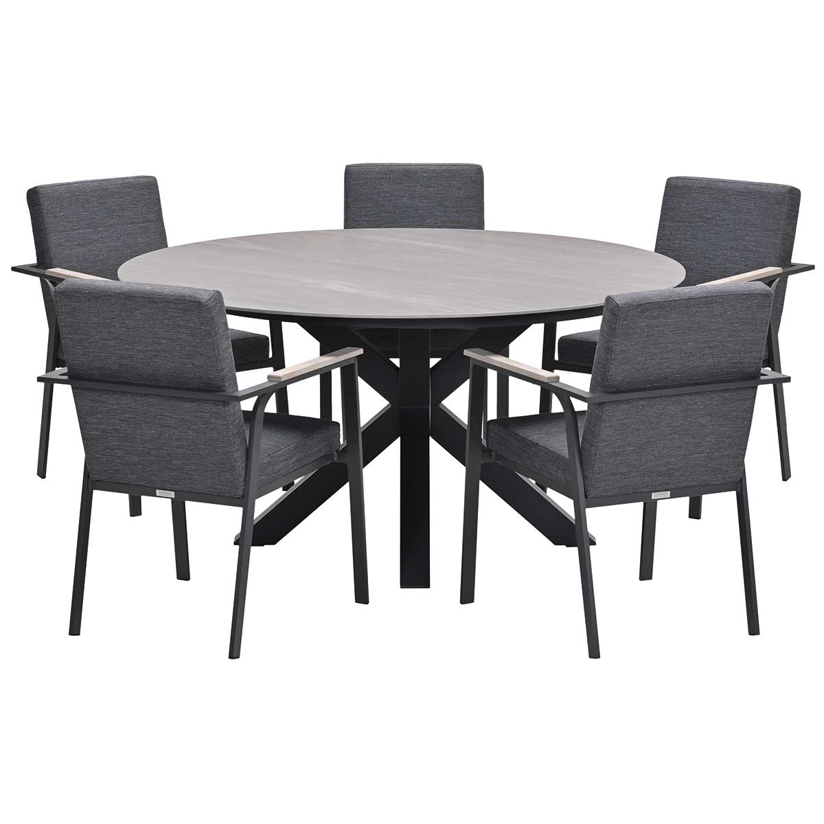 Ronde eettafel voor buiten met zes stoelen. Zwart onderstel, grijs blad, grijze stoelen met armleuningen.