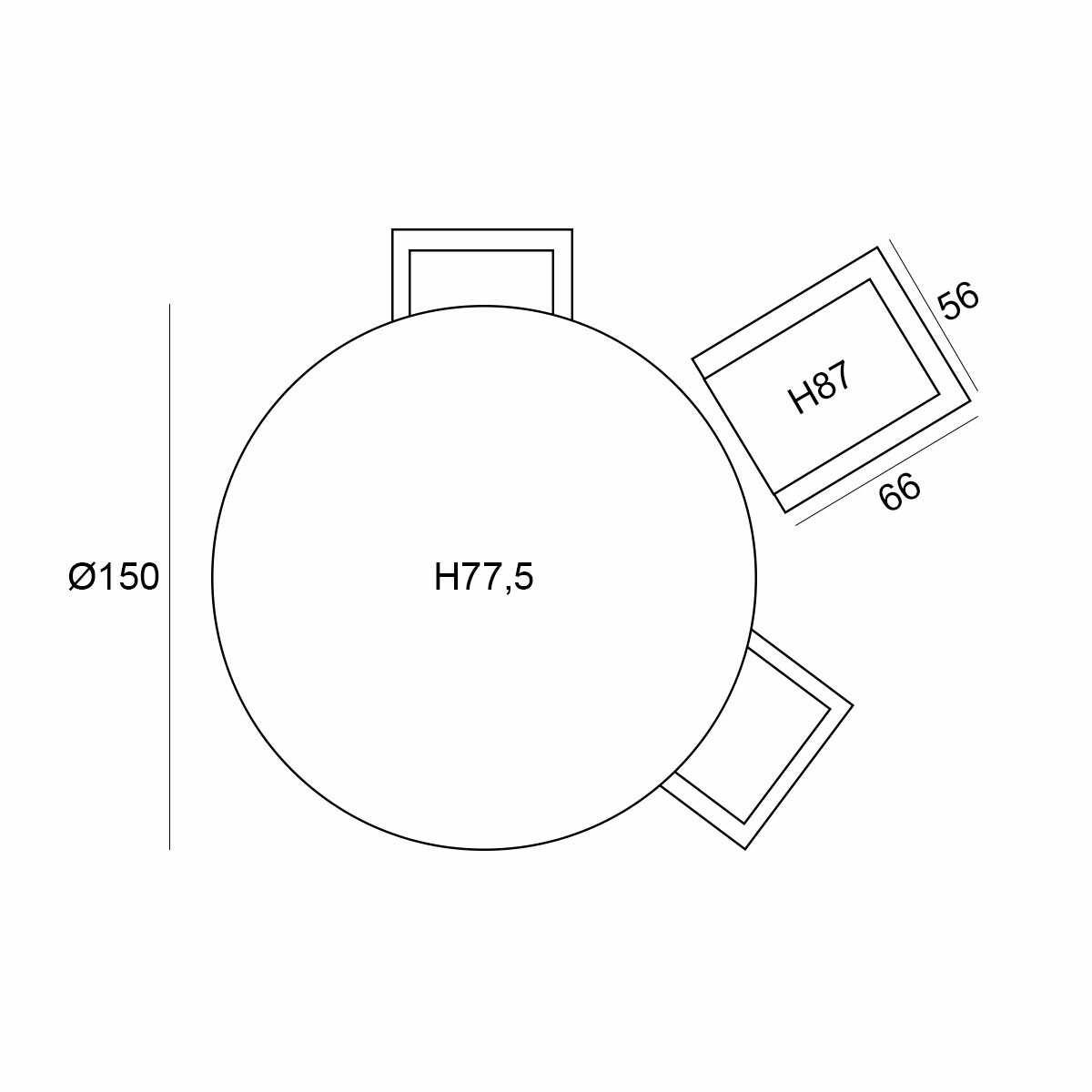 Een diagram van een tafel en stoelen. Toont de afmetingen van de tafel en de stoelen.