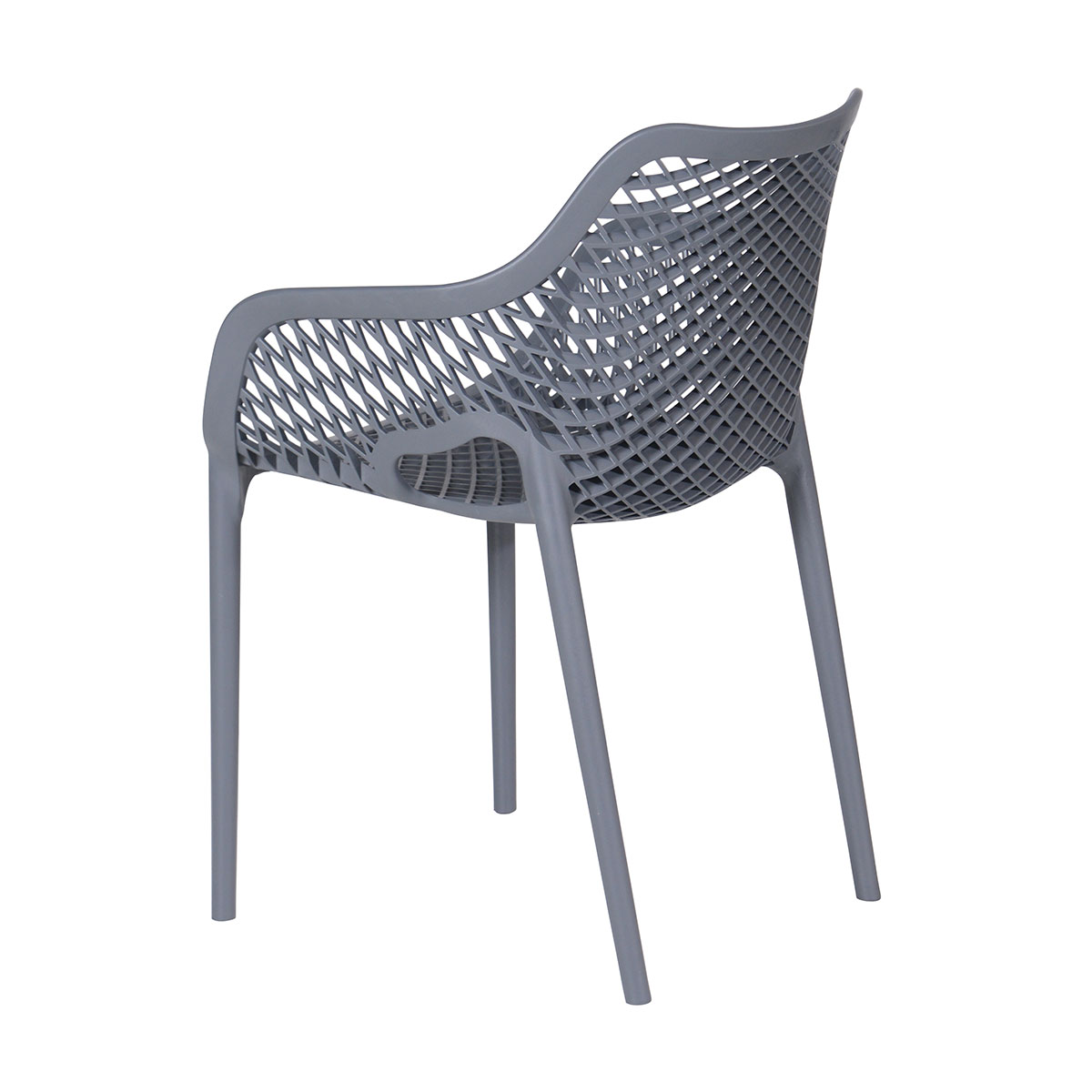 A grey plastic chair on a white background, with a unique design.