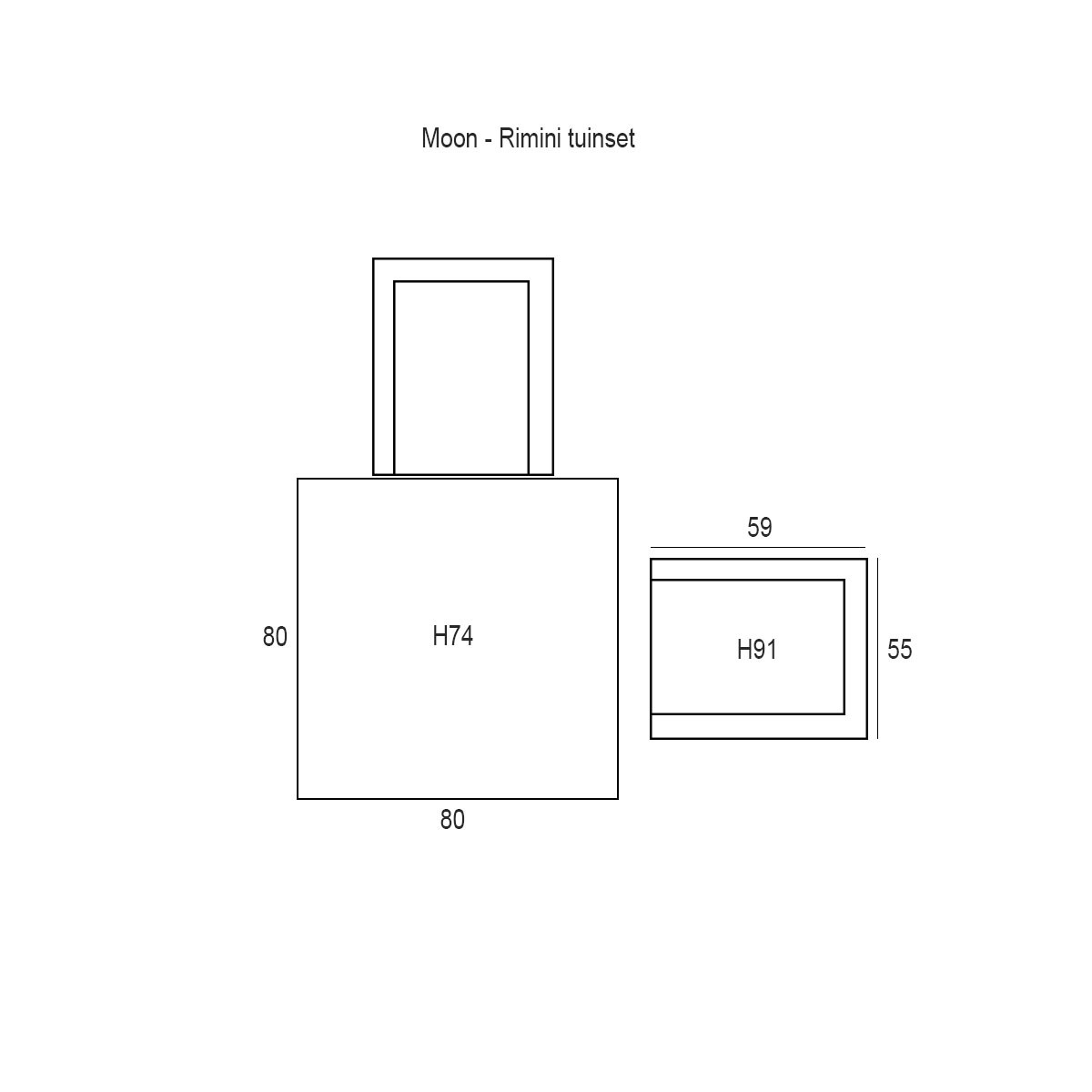 Diagram of a table set with dimensions, ready to be assembled.