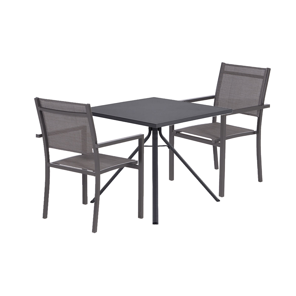 A square table with two chairs. All are dark grey, set against a white background.