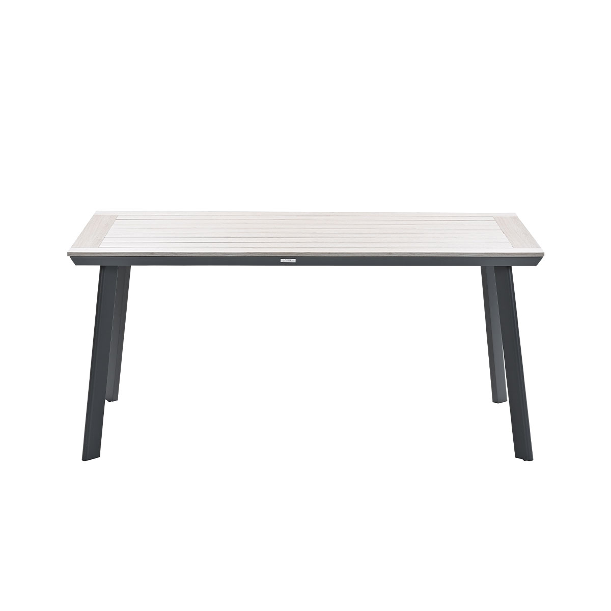 Rectangular table with light wood top and black legs. Isolated on white background.