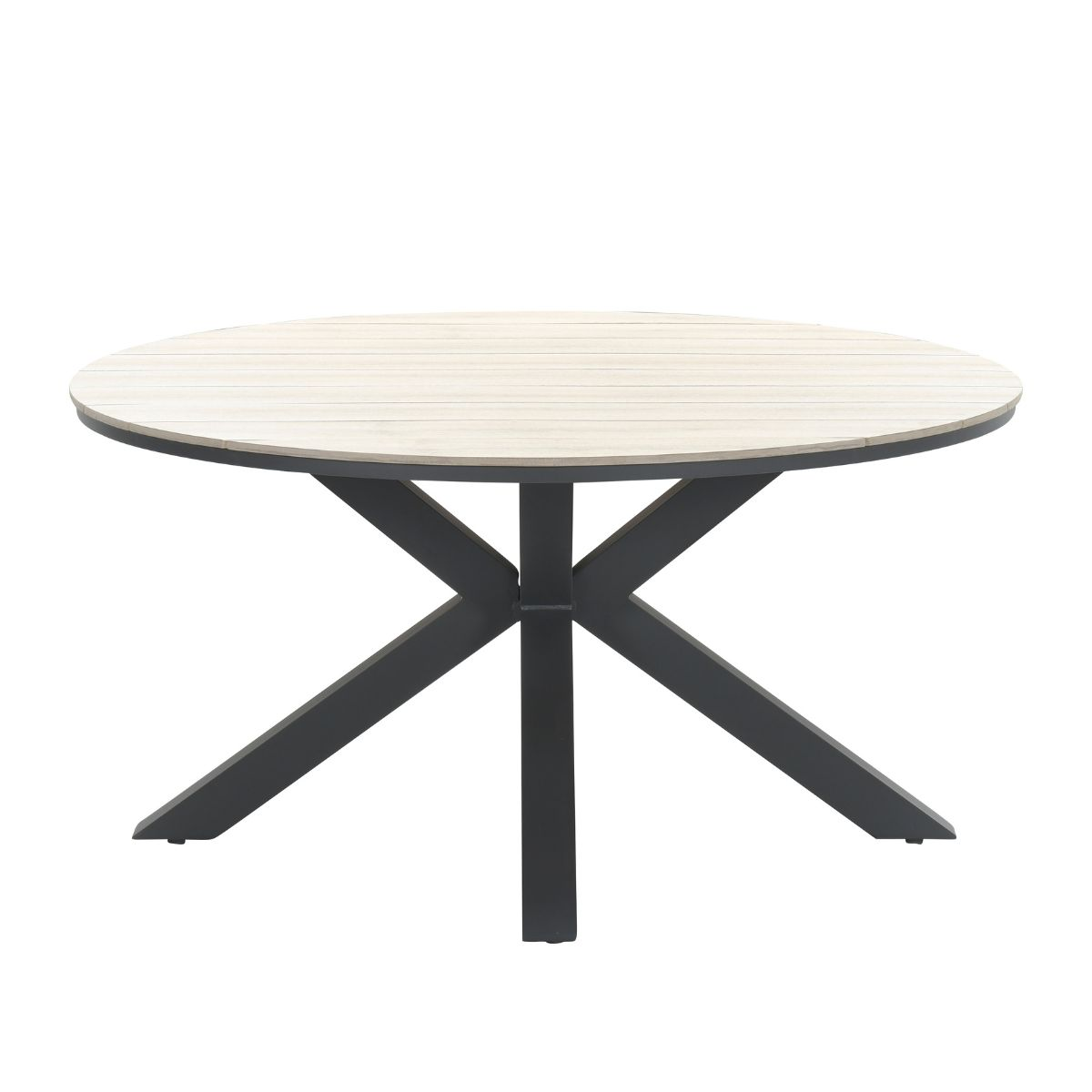 Table ronde avec plateau en bois et base noire. Isolée sur fond blanc.