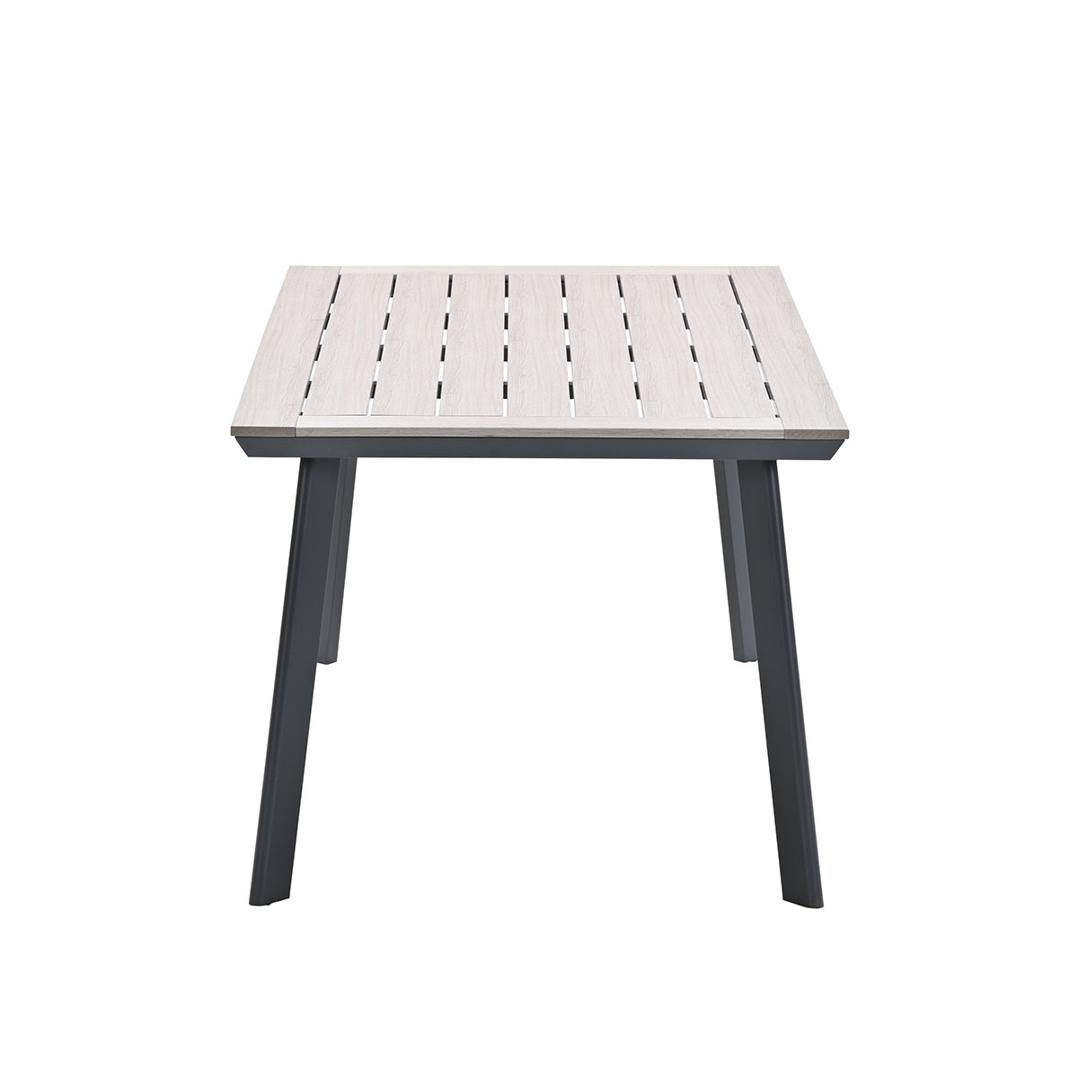 A square table made of light wood. The table has a dark grey frame and legs.