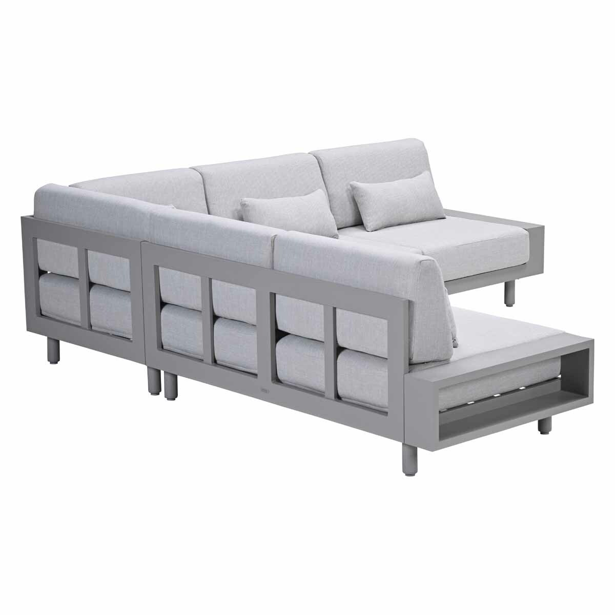 Gray corner sofa with light gray cushions. Wooden frame. Isolated on white background.