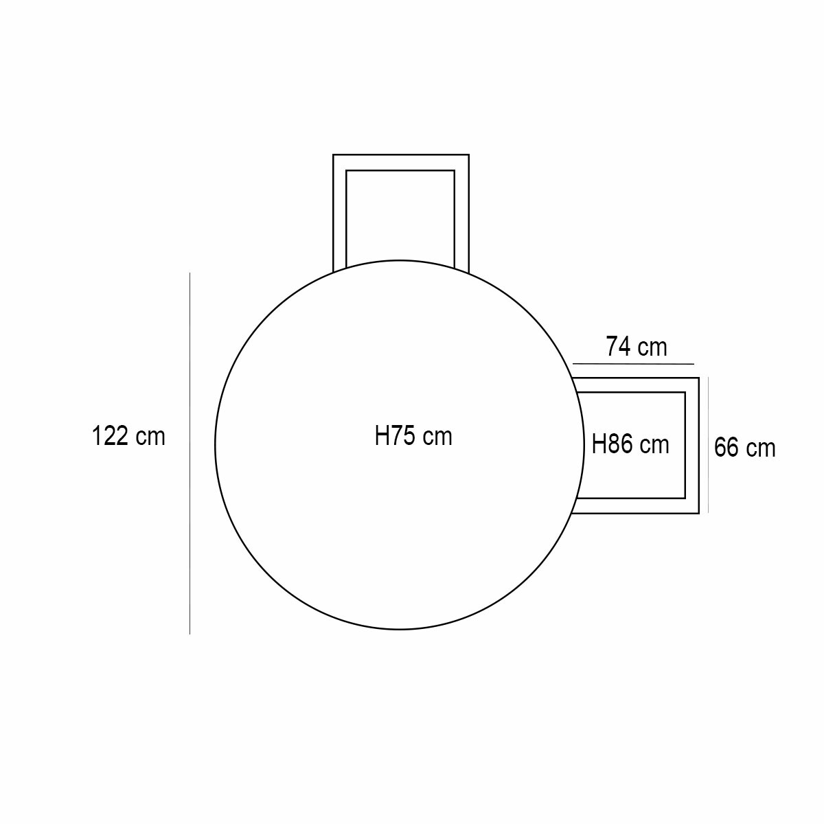 Top view of round table with measurements. Rectangle attached to side.