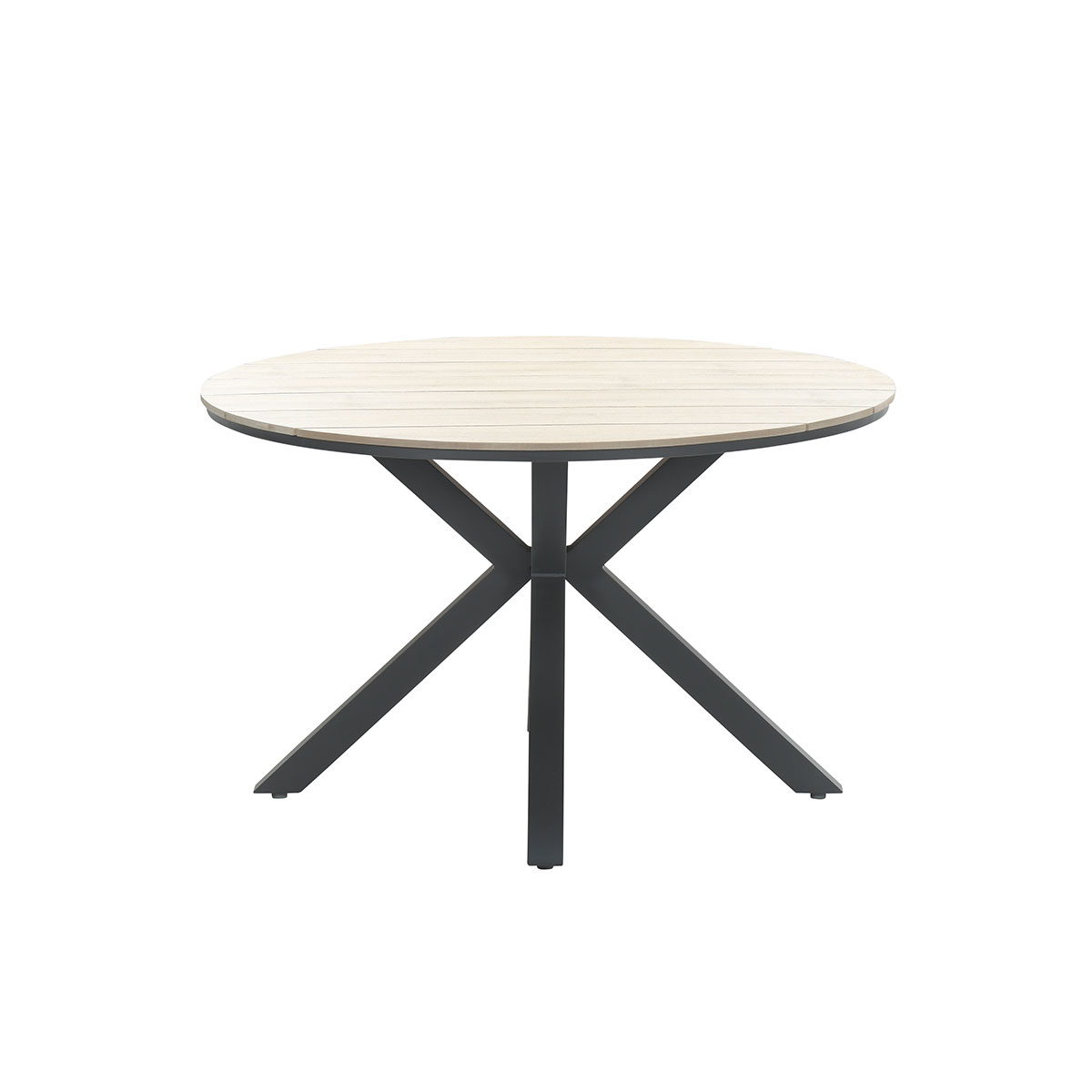 Round table with a light wood top and black angled legs. White background.