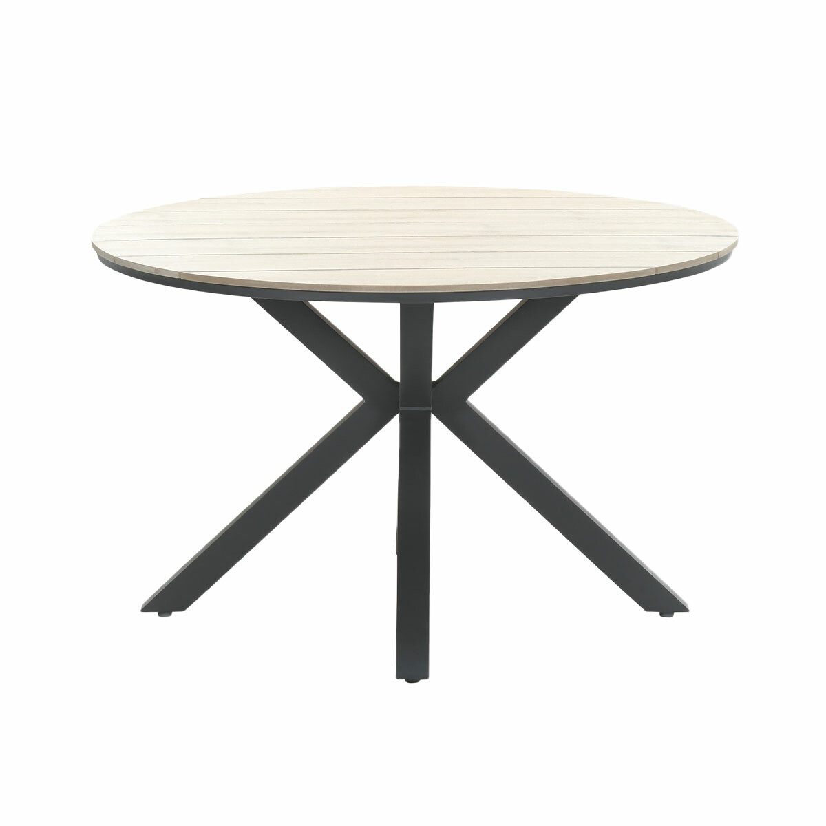 Round table with light wood top and dark gray legs.