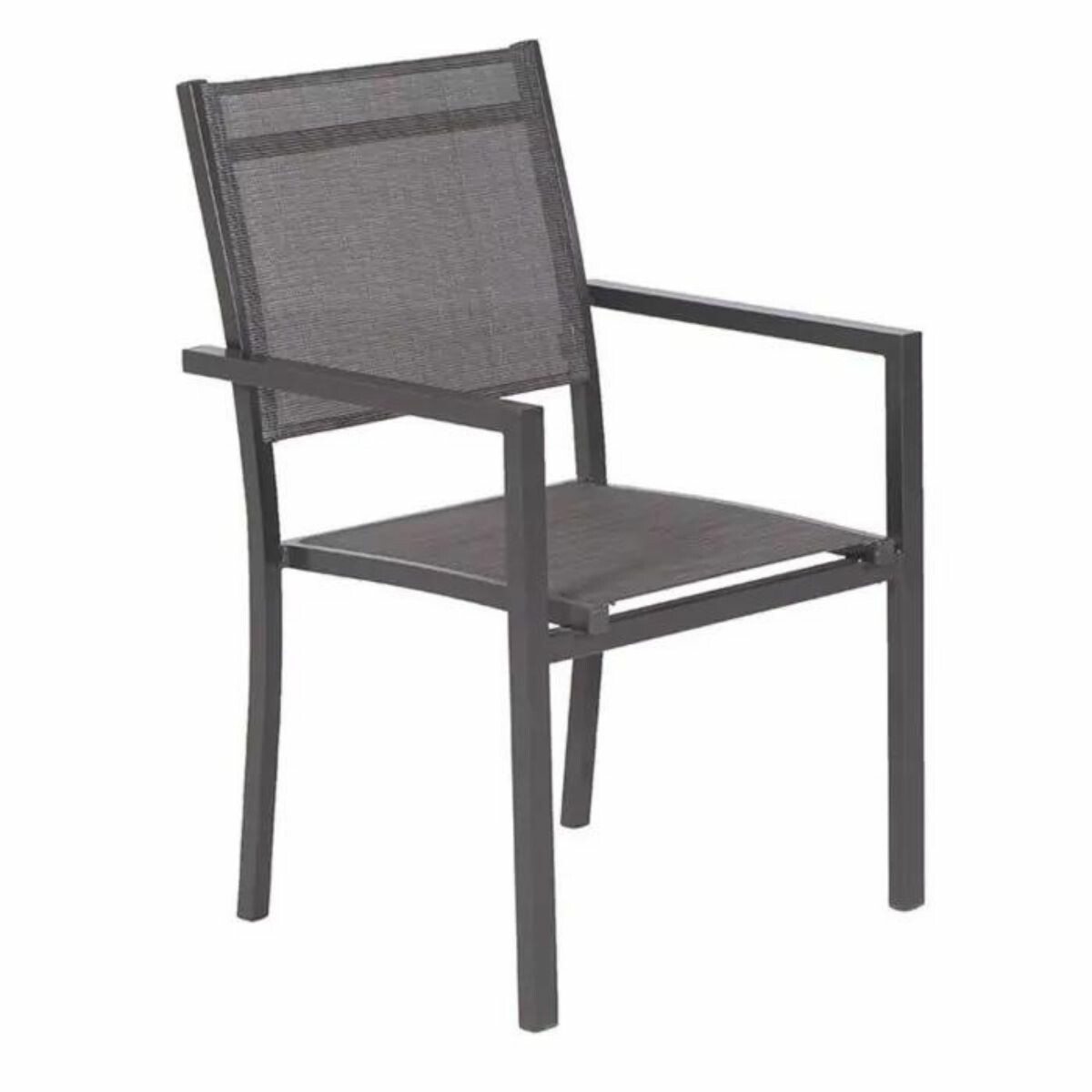 Gray metal chair with mesh back and armrests.