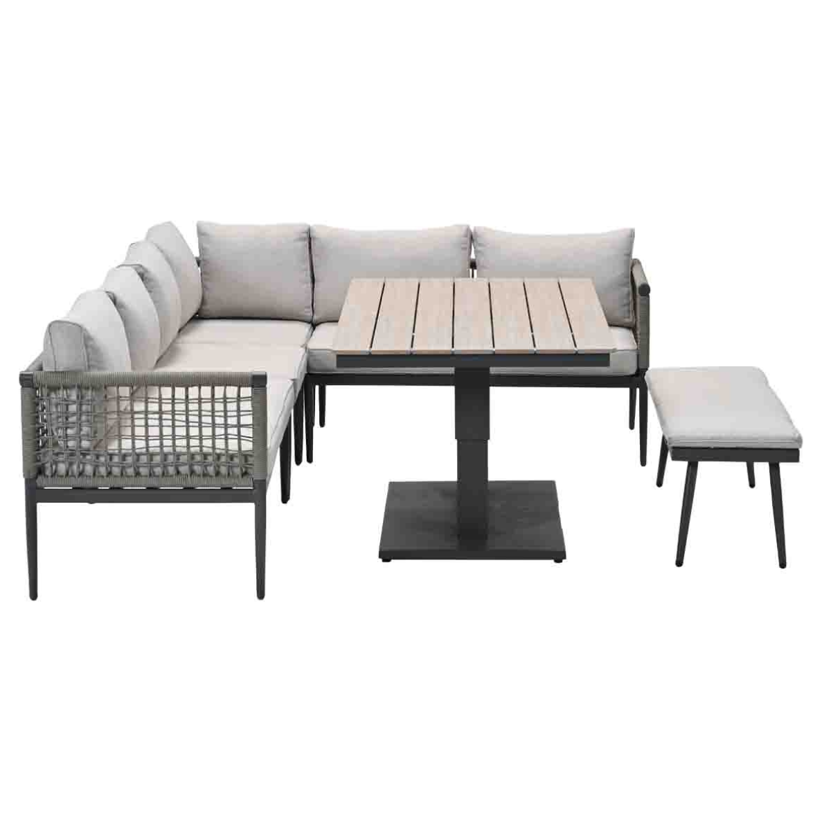 Salon de jardin en forme de L avec table et pouf. L'ensemble a des coussins gris et un fond blanc.