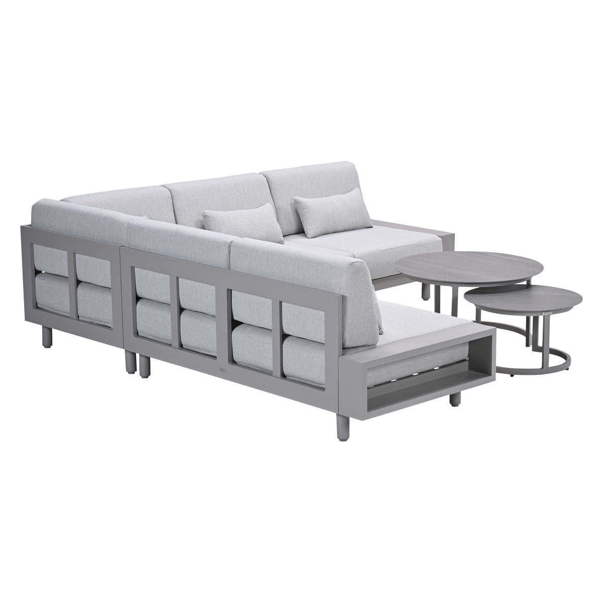 Gray outdoor sectional sofa with two round tables. Light gray cushions. White background.