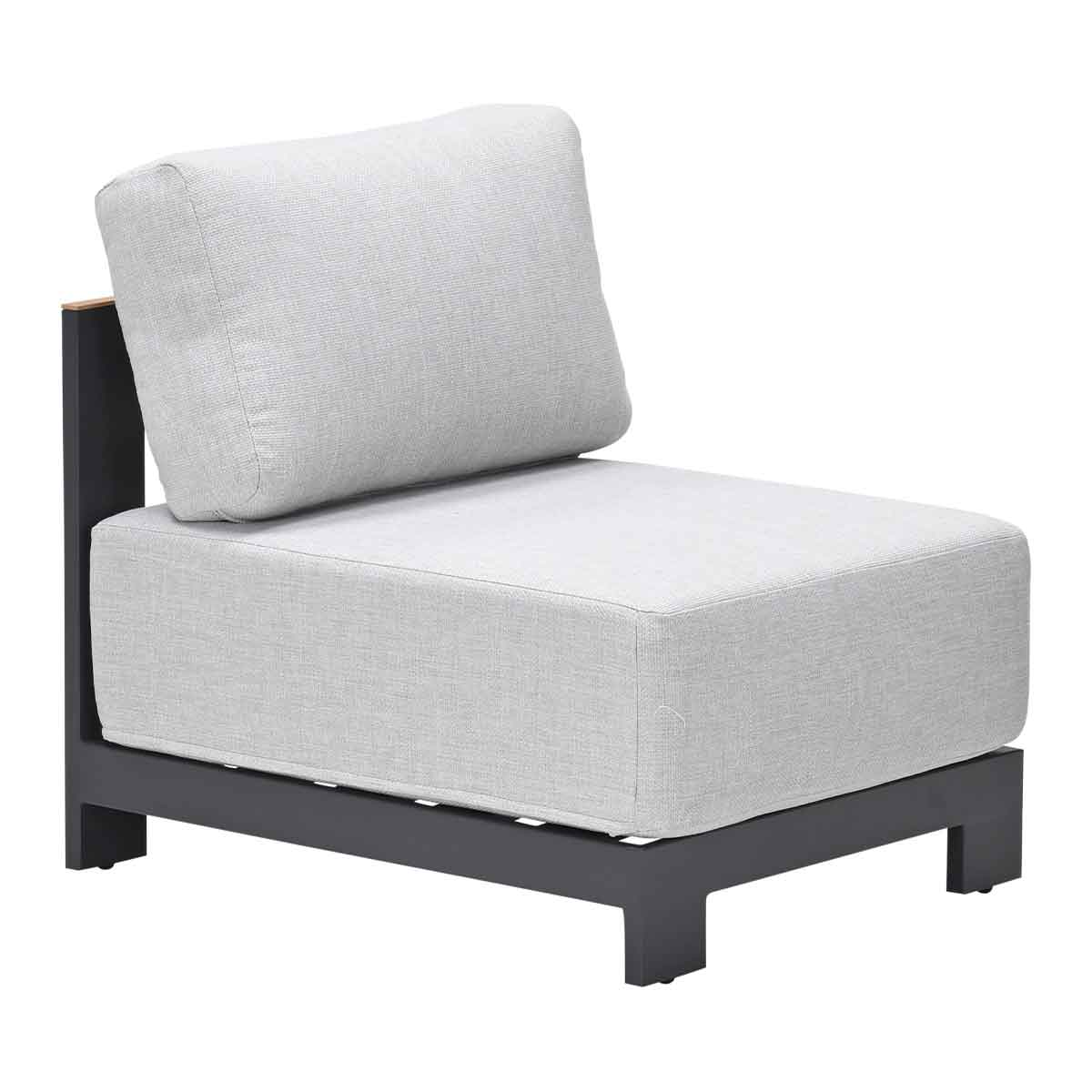 A gray, single-seat outdoor chair with a cushioned seat and backrest.