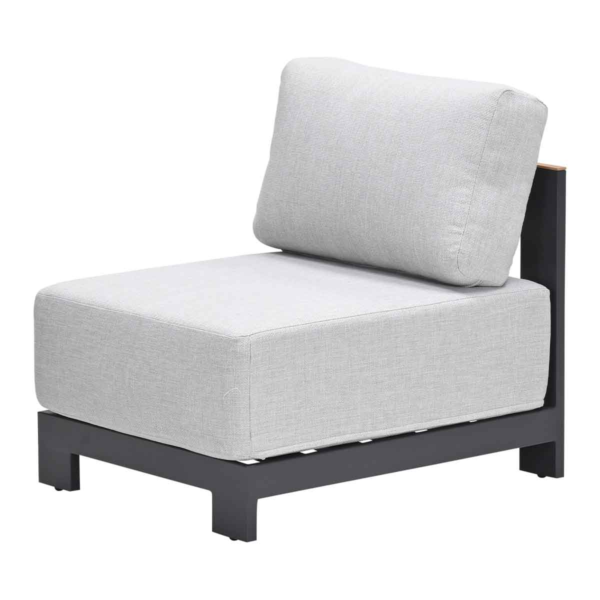 A gray, single-seat outdoor chair with a cushioned seat and backrest, isolated.