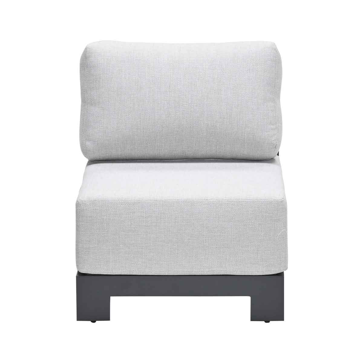 A single-seat modern chair with a gray cushion on a black base, with a white background.