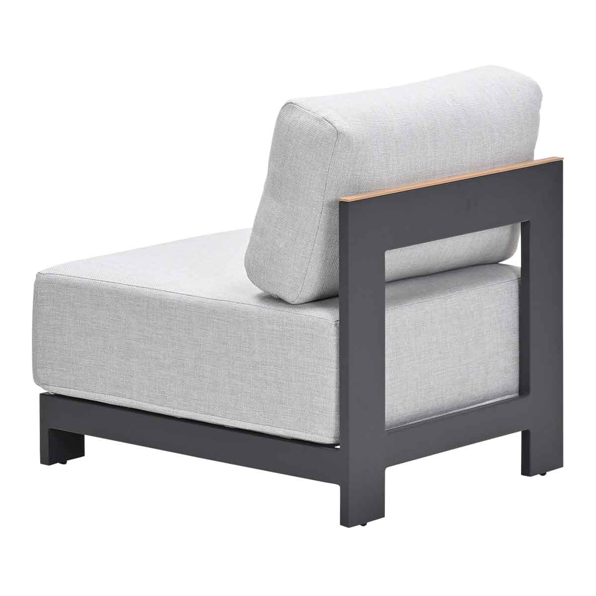 A modern gray outdoor armchair with a wooden armrest and a gray cushion, with a black frame.