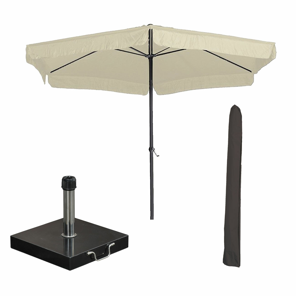Parasol beige carré, poteau noir, socle et housse. Isolé sur blanc.