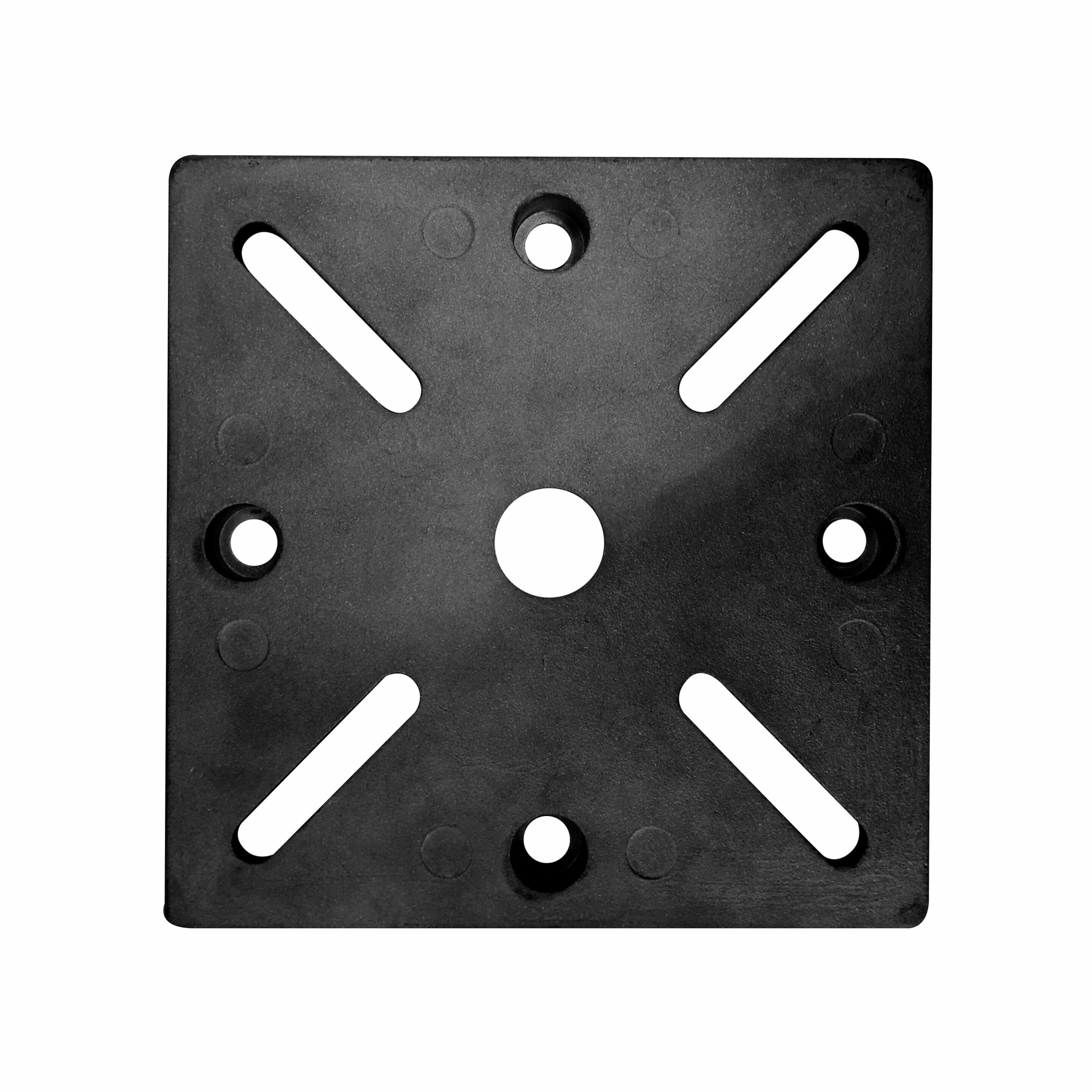 A black square base with holes and indentations is displayed on a white background.