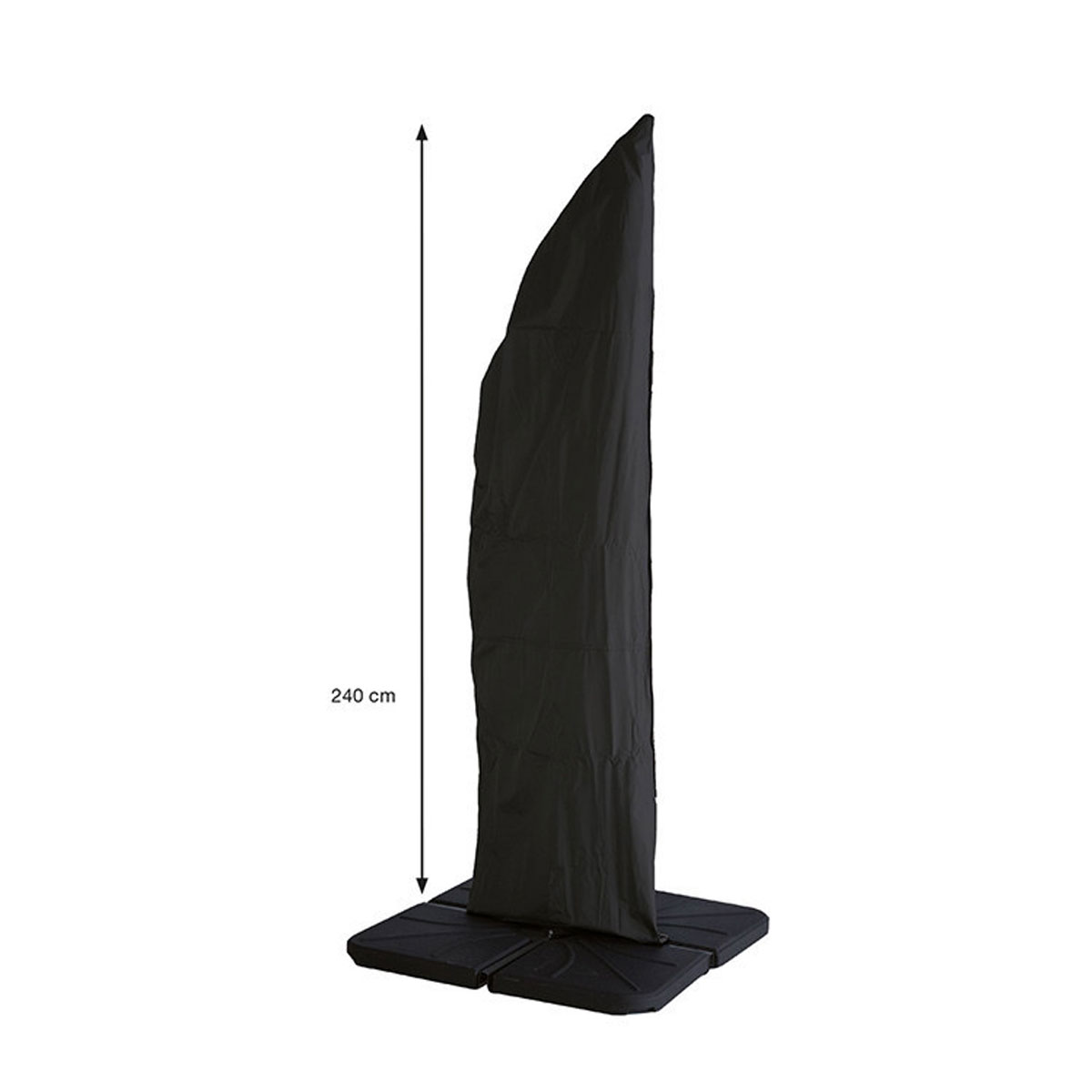Long black umbrella cover standing on a black base, isolated on white.