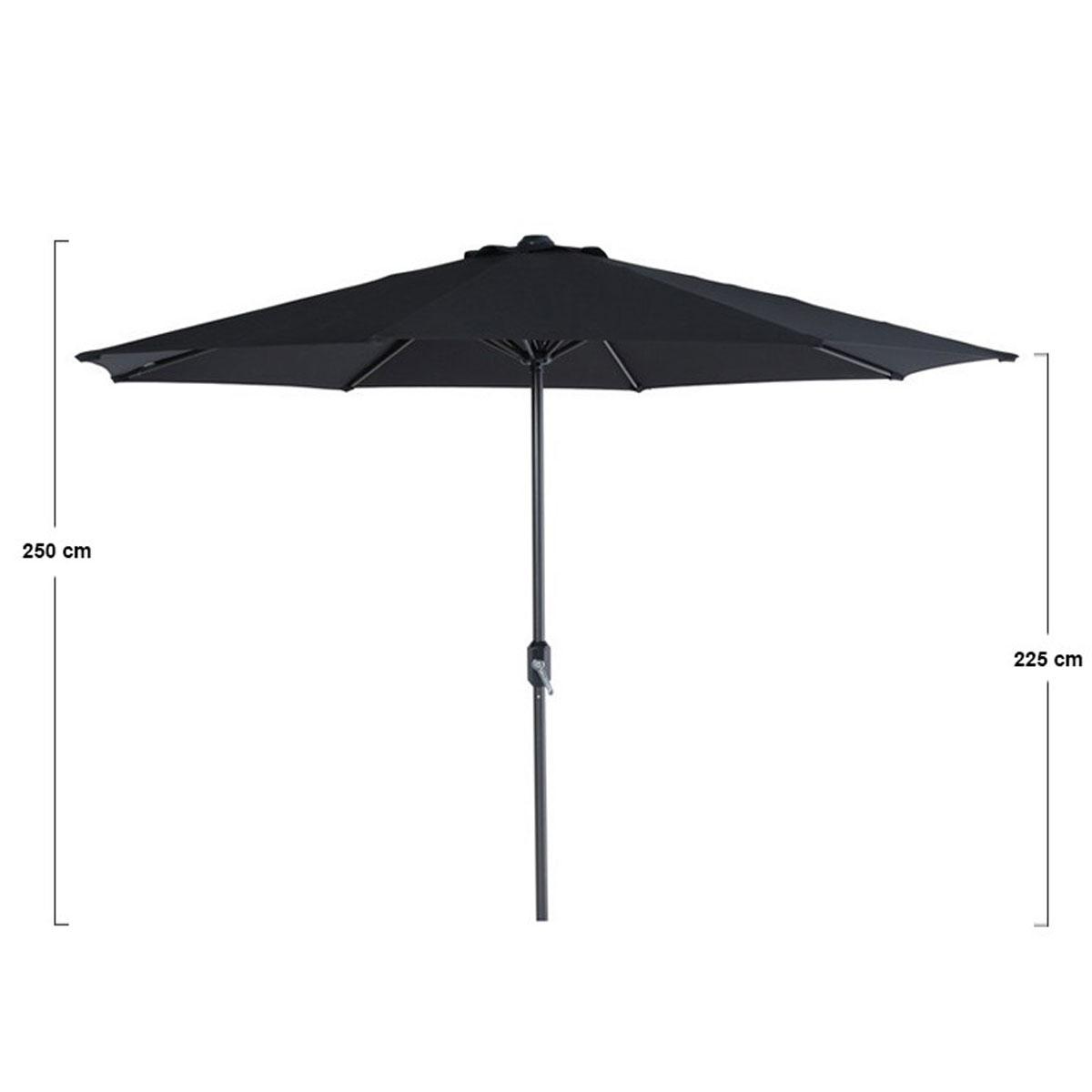 A black open umbrella, with dimensions in cm, is displayed on a white surface.