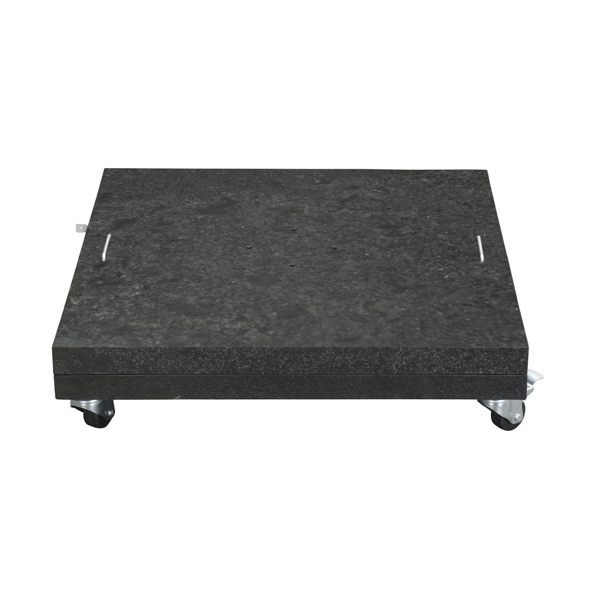 A dark gray square base on wheels. It has two handles. The surface is textured.