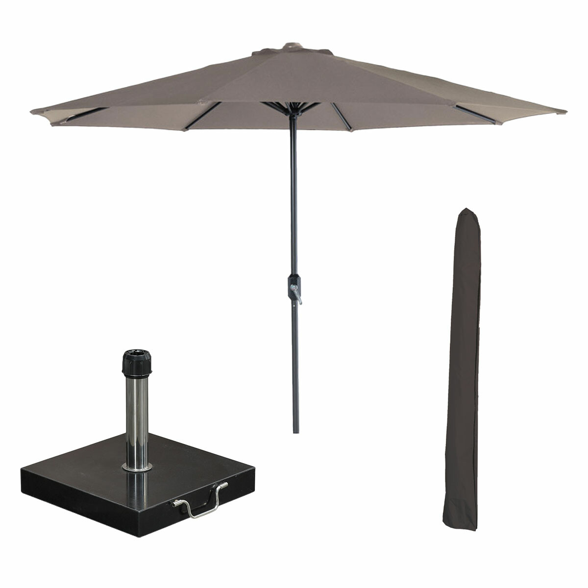 Een grijze parasol, voet en hoes worden weergegeven op een witte achtergrond.