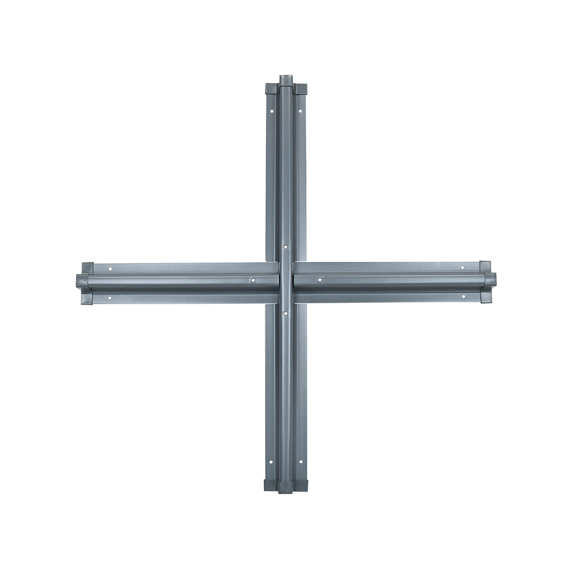 Een metalen kruisvormige structuur met vier armen. Het is grijs. De weergave is van bovenaf.