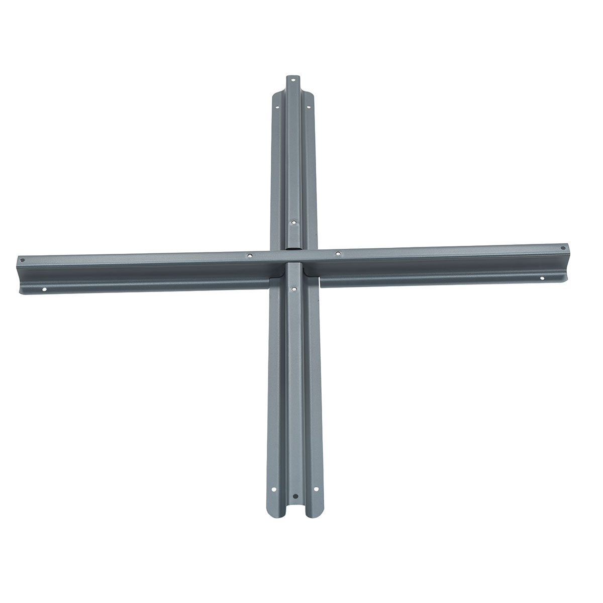A gray metal cross-shaped support frame on a white background.
