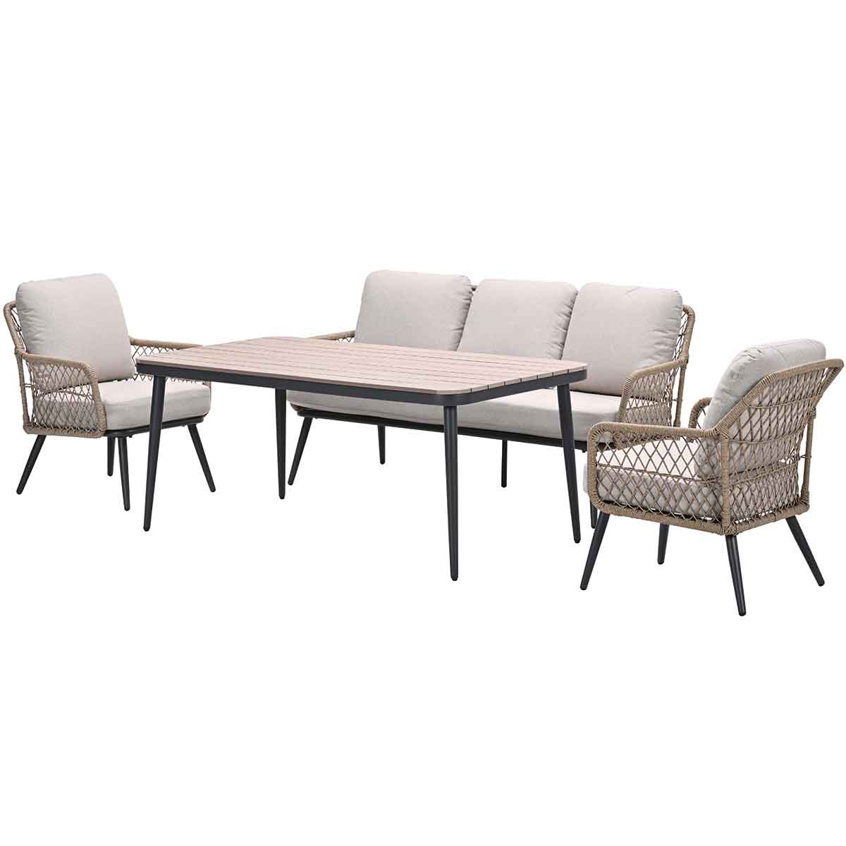 Ensemble de mobilier d'extérieur : table et deux chaises, tous avec coussins beige clair.