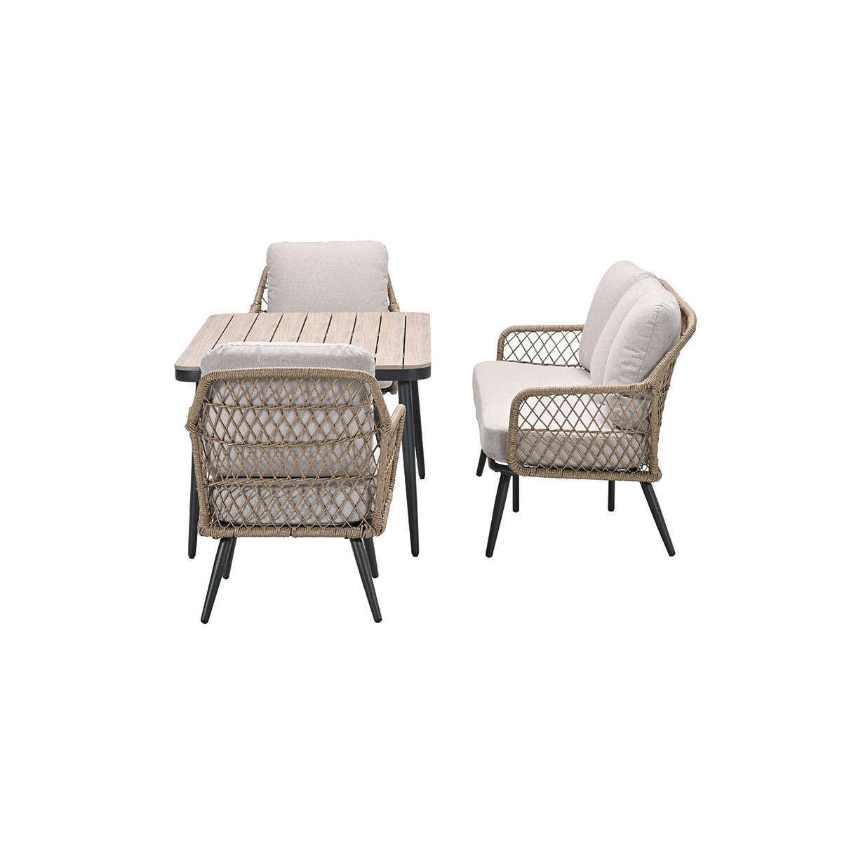 Une table avec deux fauteuils et un canapé sur fond blanc.