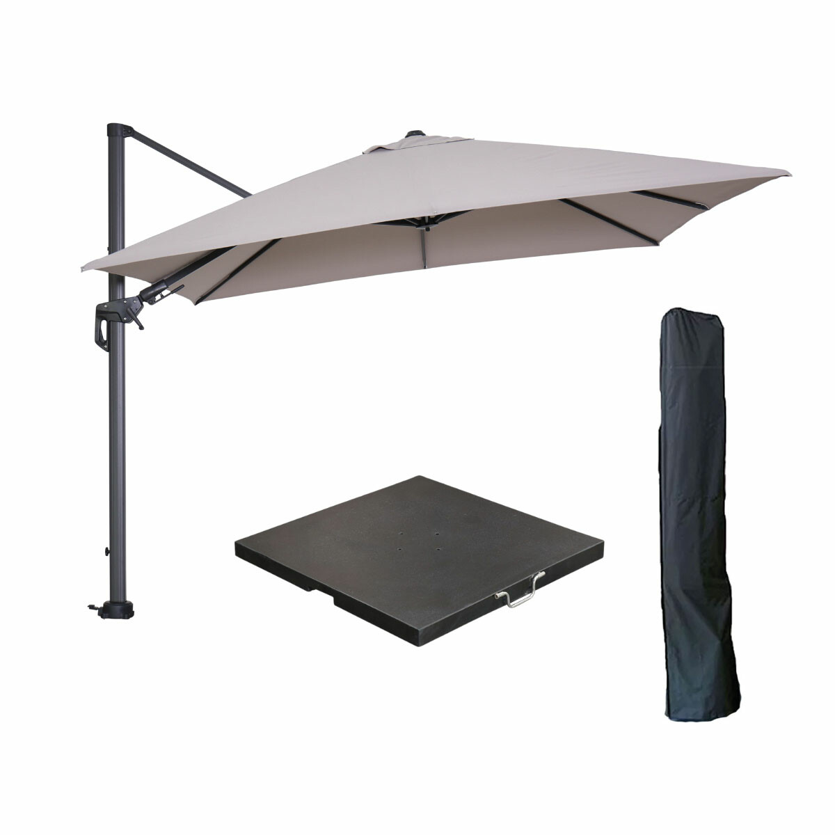 Een parasol met voet, hoes en vierkante luifel.