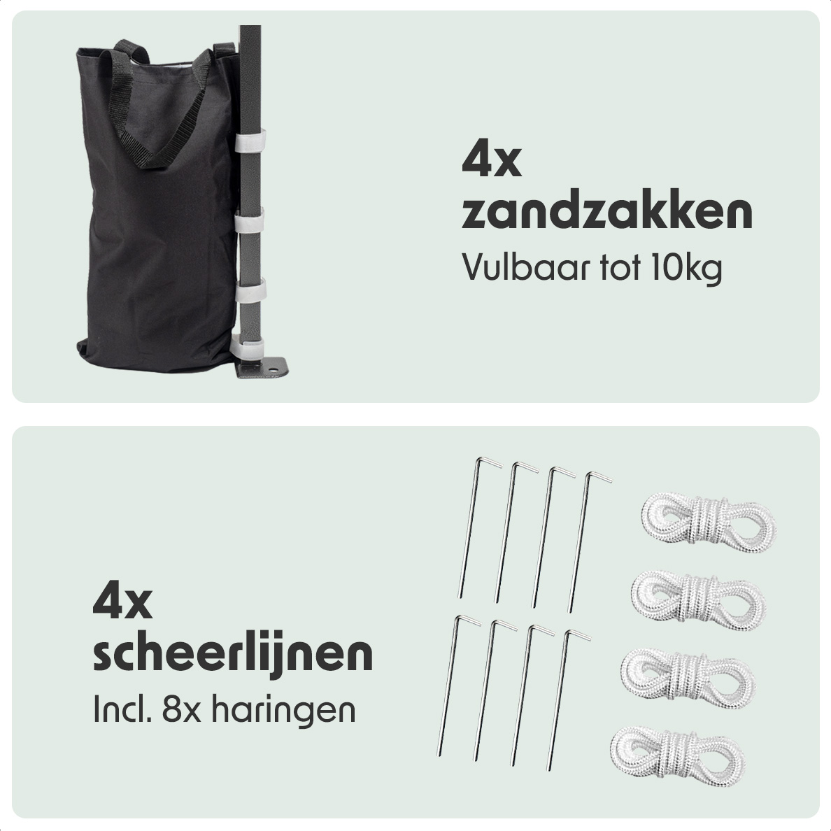Sandbags, guy lines, and stakes for a party tent, shown in a close-up view.